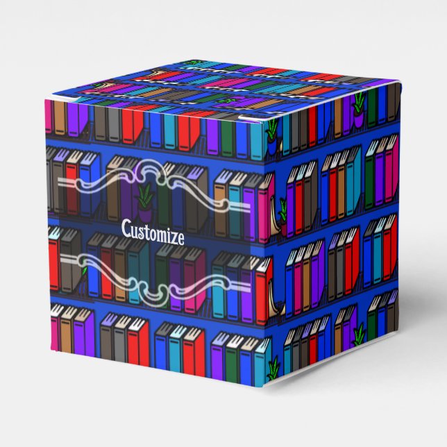 Little Library Book Shelves Blue Cube Favour Box (Front Side)