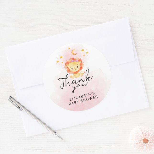 Little Lion Its a Girl Watercolor Pink Thank You C Classic Round Sticker (Envelope)