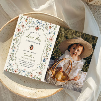 Little Love Bug Ladybug Girl 1st Birthday Photo Invitation