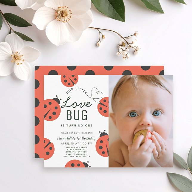 Little Love Bug Ladybug Girl 1st Birthday Photo Invitation (Creator Uploaded)