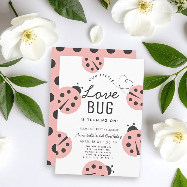 Little Love Bug Light Pink Ladybug 1st Birthday Invitation (Creator Uploaded)