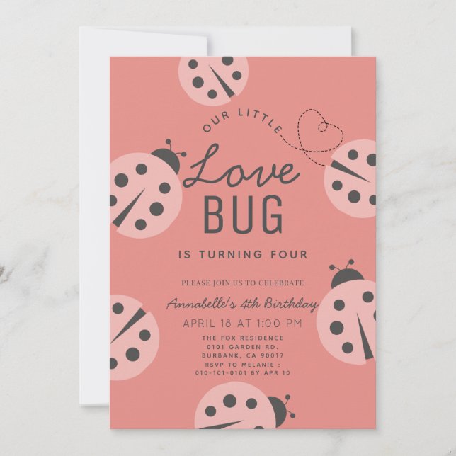 Little Love Bug Pink Ladybug Birthday Invitation (Front)