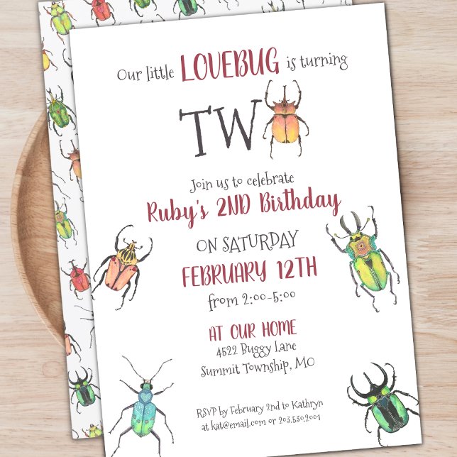 Little Love Bugs Turning Two Second Birthday Invit Invitation (Creator Uploaded)