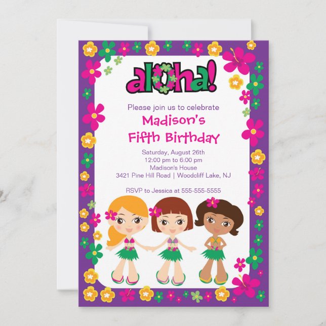 Little Luau Party Birthday Invitation Purple Pink (Front)