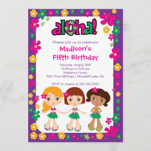 Little Luau Party Birthday Invitation Purple Pink