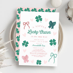 Little Lucky Charm Bow Shamrock Girl Baby Shower Invitation
