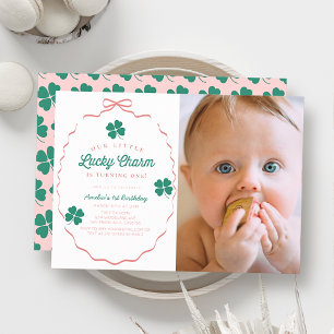 Little Lucky Charm Pink Bow Photo 1st Birthday Invitation