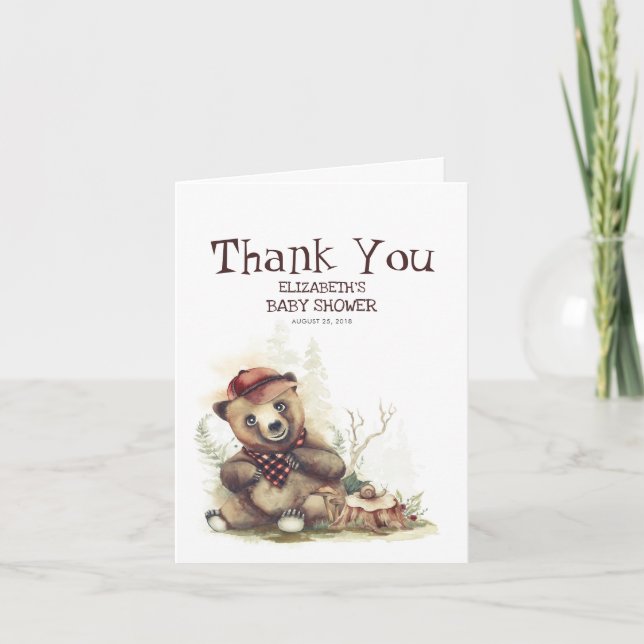 Little Lumberjack Bear Baby Shower Thank You Card (Front)