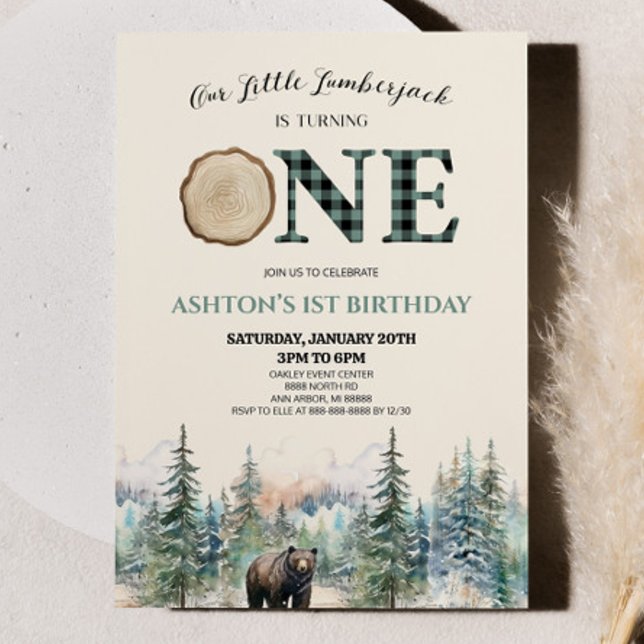Little Lumberjack Bear Green 1st Birthday Party Invitation (Creator Uploaded)