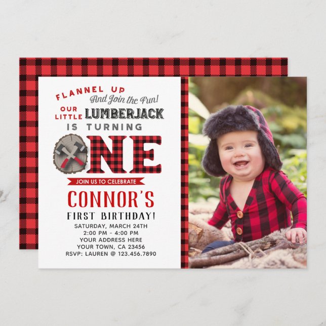 Little Lumberjack Birthday Invitation with Photo (Front/Back)
