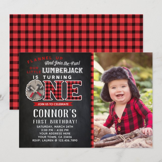 Little Lumberjack Birthday Invitation with Photo (Front/Back)