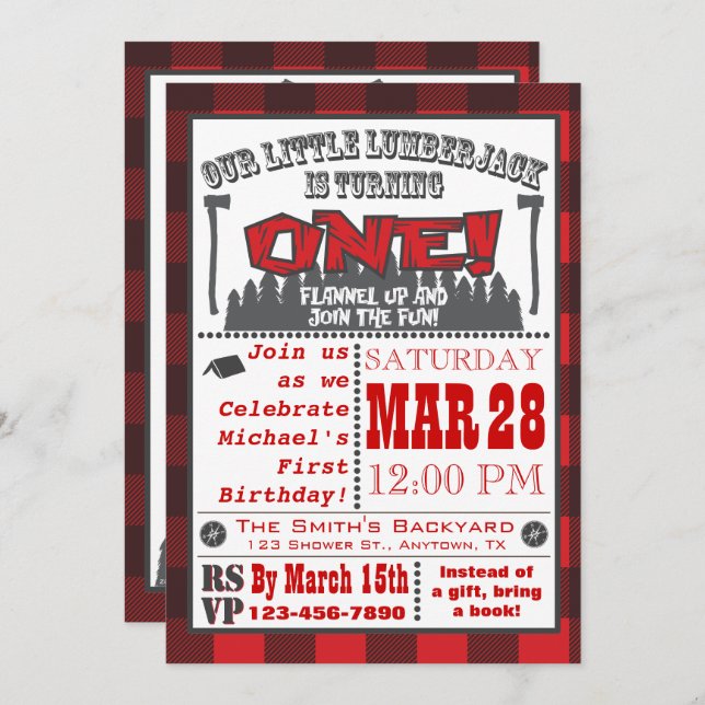 Little Lumberjack First Birthday Invitation (Front/Back)