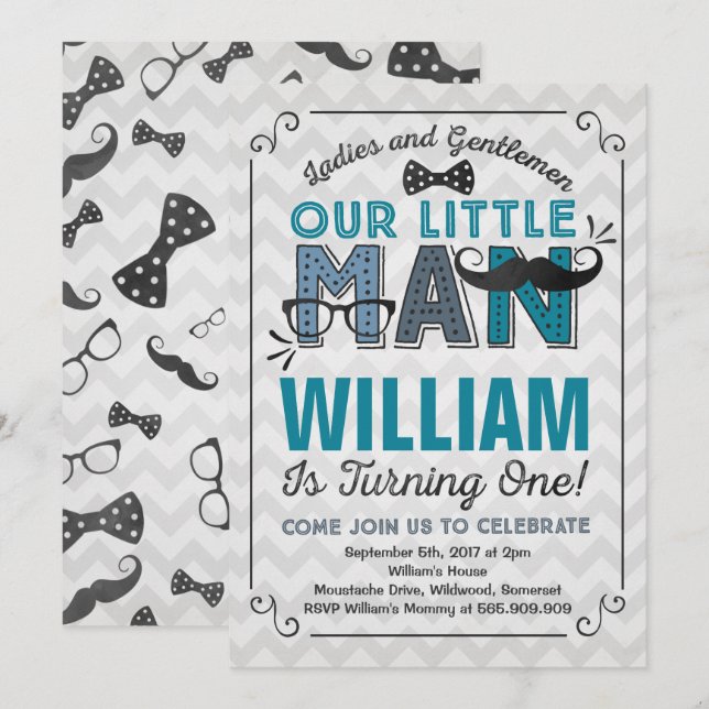 Little Man 1st Birthday Invitation Moustache Party (Front/Back)