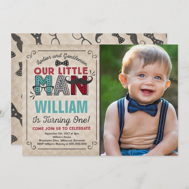 Little Man 1st Birthday Invitation Moustache Party (Front/Back)