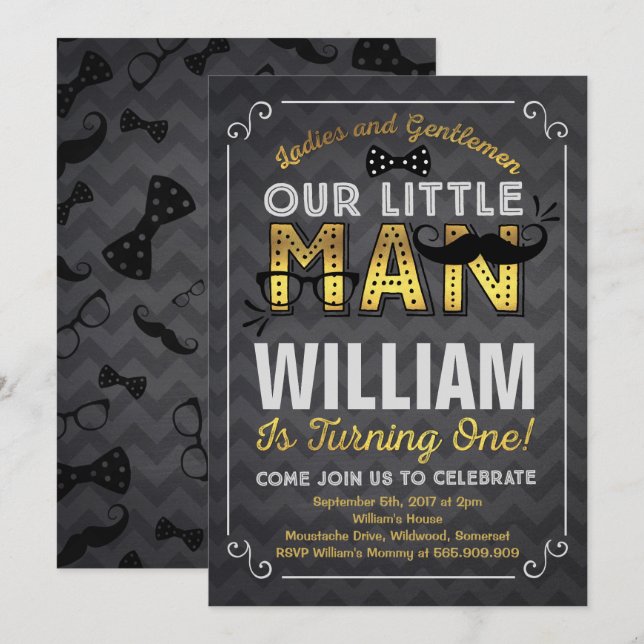 Little Man 1st Birthday Invitation Moustache Party (Front/Back)