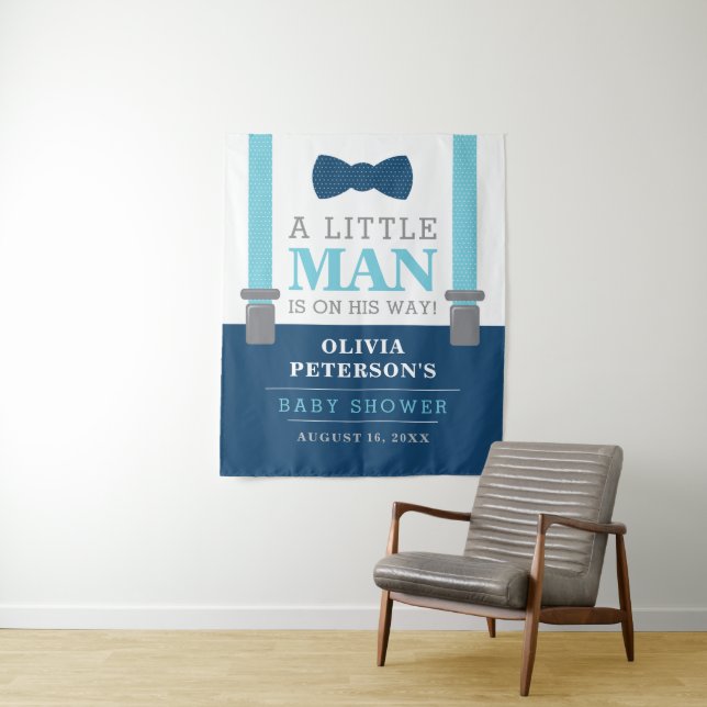 Little Man Baby Shower Backdrop, Navy, Baby Blue Tapestry (In Situ)