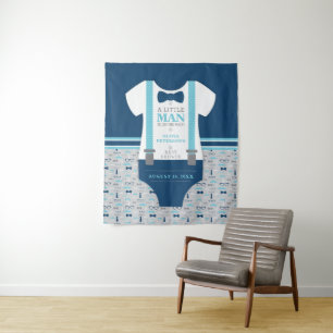 Little Man Baby Shower Backdrop, Navy, Grey Tapestry