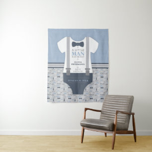 Little Man Baby Shower Backdrop, Navy, Grey Tapestry