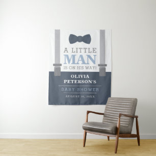 Little Man Baby Shower Backdrop, Navy, Grey Tapestry