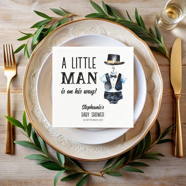 Little man baby shower black tuxedo monogrammed napkin (Little man baby shower black tuxedo hat monogrammed customized napkins template personalized decor)