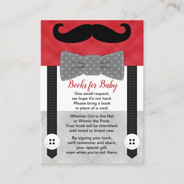 little man baby shower boy red grey book request enclosure card (Front)