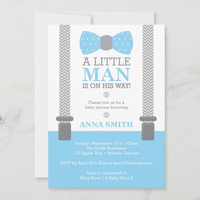 Little Man Baby Shower Invitation, Baby Blue, Grey Invitation (Front)