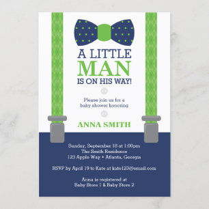 Little Man Baby Shower Invitation, Blue, Green Invitation