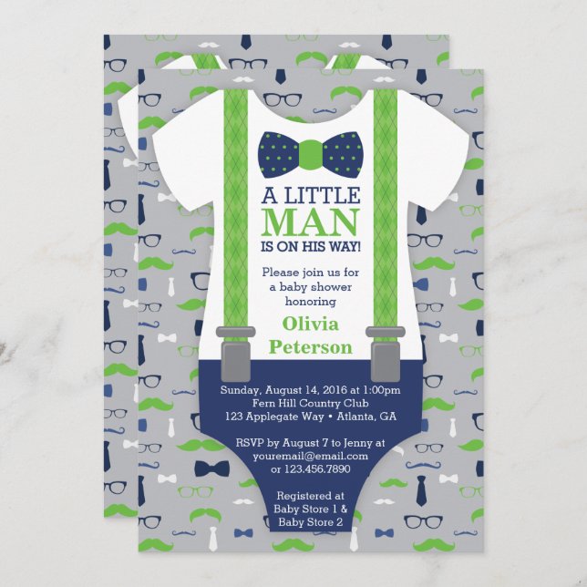 Little Man Baby Shower Invitation, Blue, Green Invitation (Front/Back)