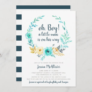 Little Man Baby Shower Invitation Blue Grey Card