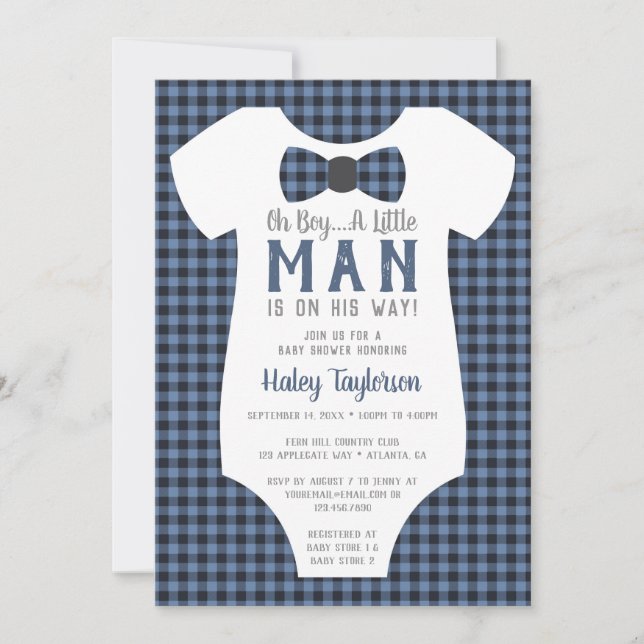 Little Man Baby Shower Invitation, Buffalo Plaid Invitation (Front)