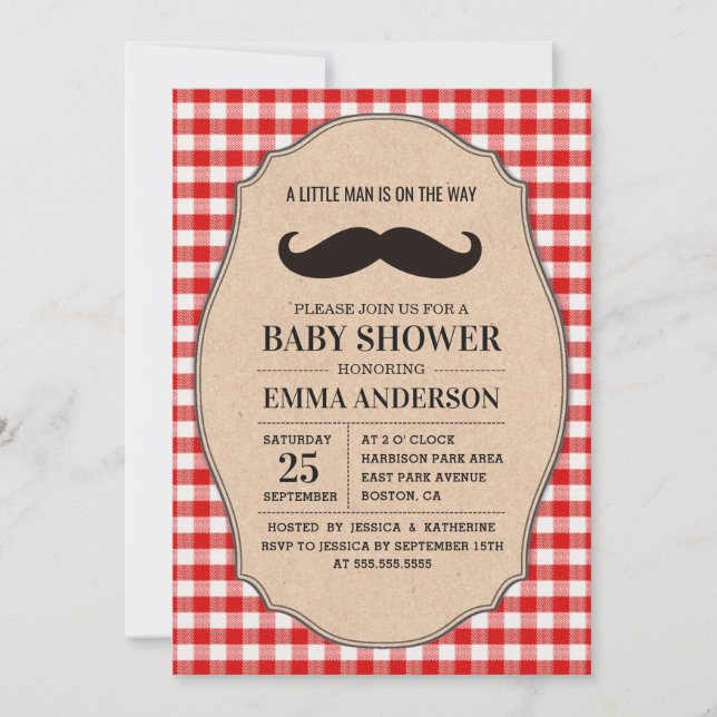 Little Man Baby Shower Invitation Country Moustach (Front)