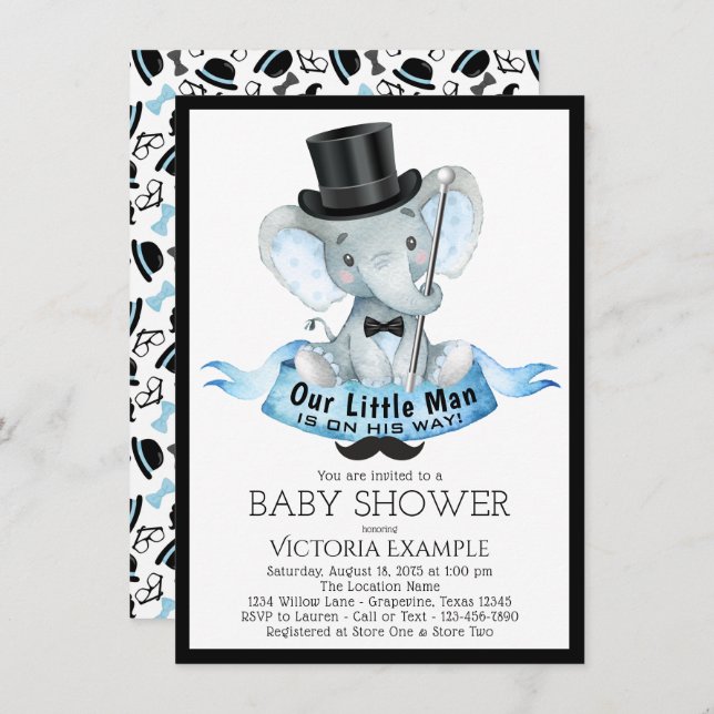 Little Man Baby Shower Invitation Dapper Elephant (Front/Back)