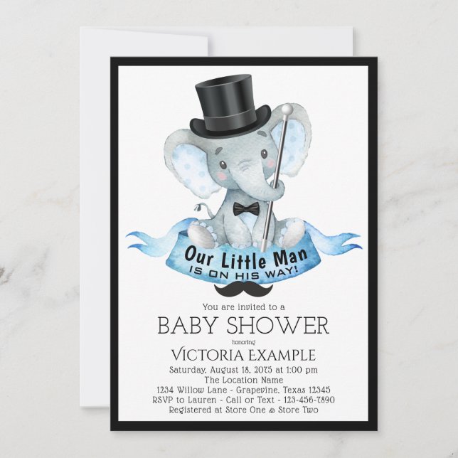 Little Man Baby Shower Invitation Dapper Elephant (Front)