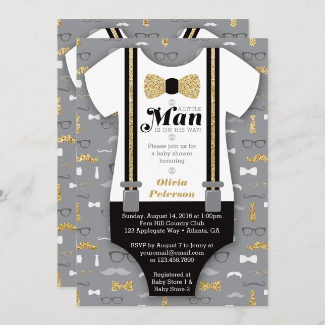 Little Man Baby Shower Invitation, Faux Glitter Invitation (Front/Back)