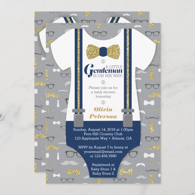 Little Man Baby Shower Invitation, Faux Glitter Invitation (Front/Back)