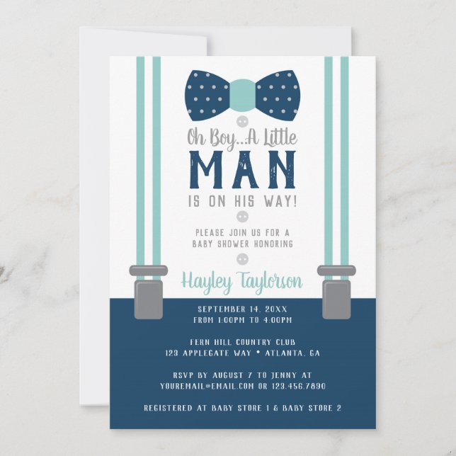 Little Man Baby Shower Invitation, Navy Blue, Aqua Invitation (Front)