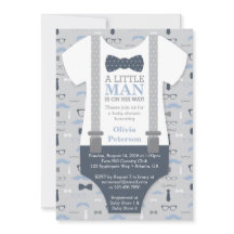 Little Man Baby Shower Invitation, Navy Blue, Grey