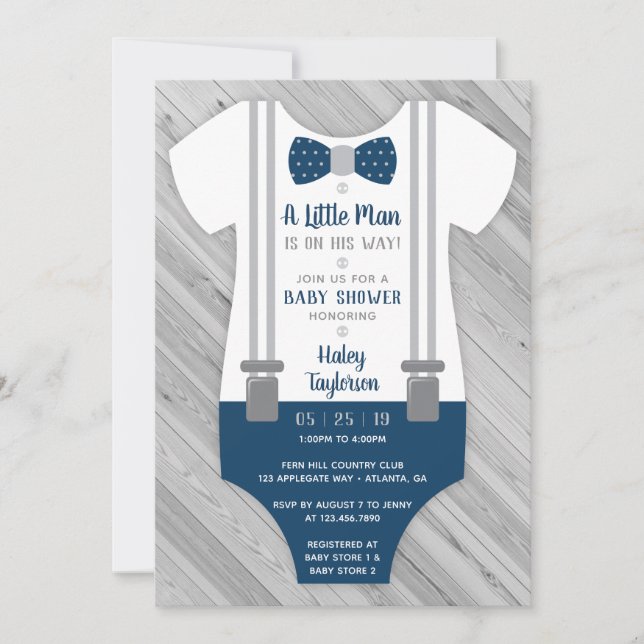 Little Man Baby Shower Invitation, Navy Blue, Grey Invitation (Front)