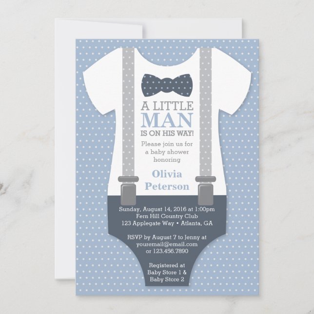 Little Man Baby Shower Invitation, Navy Blue, Grey Invitation (Front)