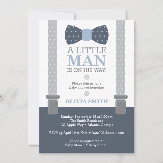 Little Man Baby Shower Invitation, Navy Blue, Grey Invitation (Front)