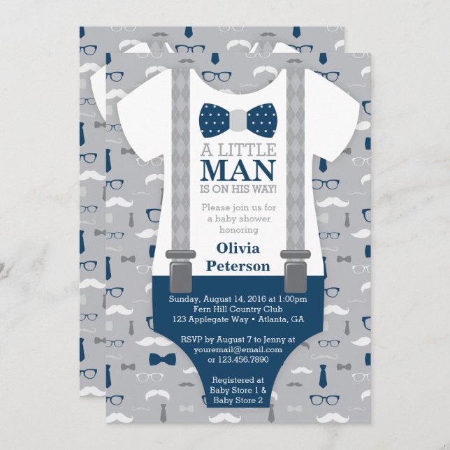 Little Man Baby Shower Invitation, Navy Blue, Grey Invitation (Front/Back)