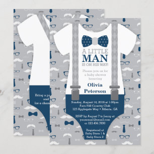 Little Man Baby Shower Invitation, Navy Blue, Grey Invitation