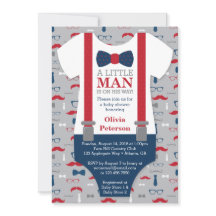 Little Man Baby Shower Invitation, Navy Blue, Red
