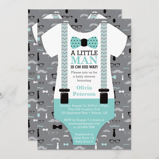 Little Man Baby Shower Invitation, Teal, Black Invitation (Front/Back)