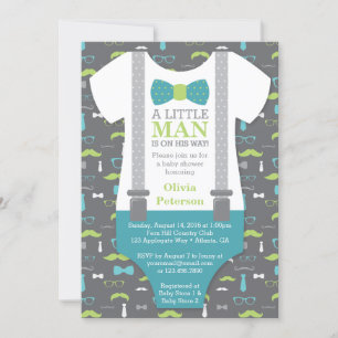 Little Man Baby Shower Invitation, Teal, Green Invitation