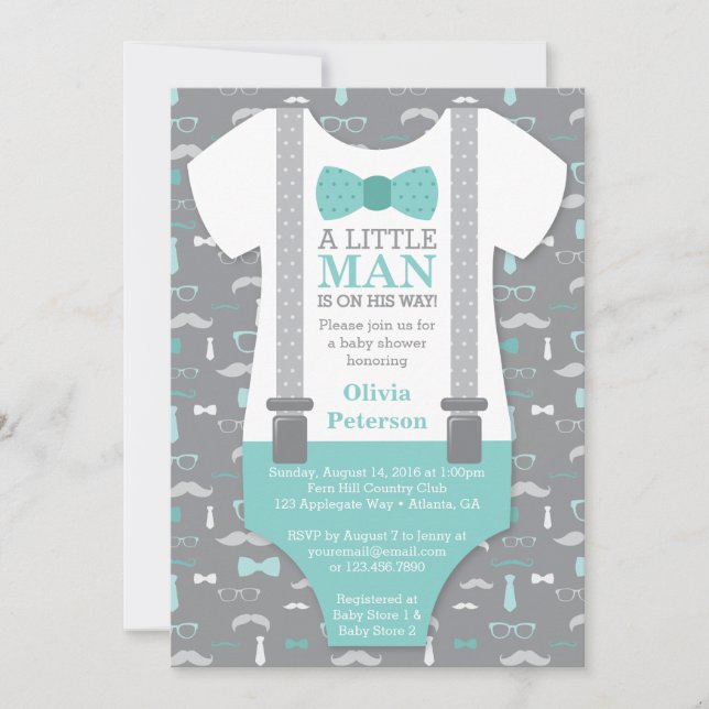 Little Man Baby Shower Invitation, Teal, Grey Invitation (Front)