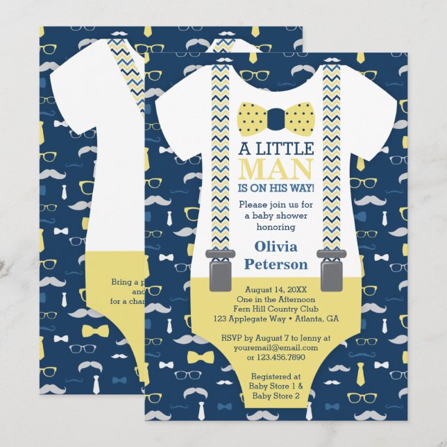 Little Man Baby Shower Invitation, Yellow, Blue Invitation (Front/Back)
