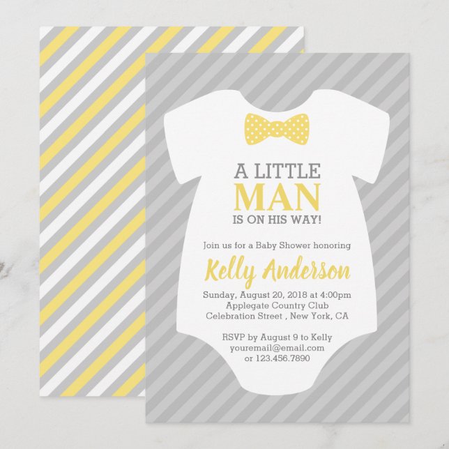 Little Man Baby Shower Invitation - Yellow Grey (Front/Back)