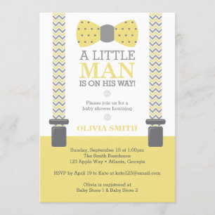 Little Man Baby Shower Invitation, Yellow, Grey Invitation