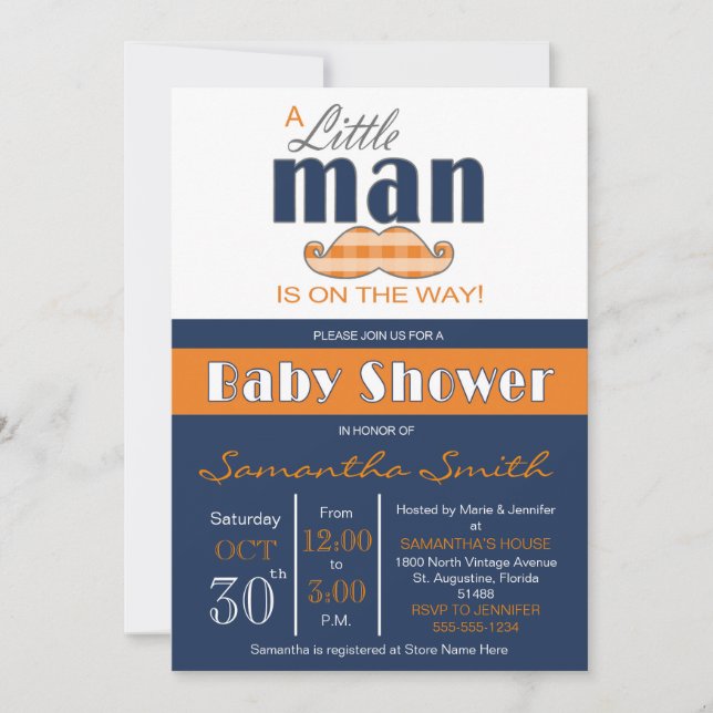 Little Man Baby Shower Navy Blue and Orange Invitation (Front)